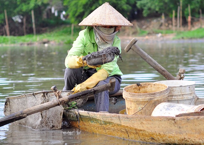 Cận[-]cãnh[-]ngâm[-]mình[-]dưới[-]nước[-]ô[-]nhiễm[-]đãi[-]trùn[-]chỉ[-]mưu[-]sinh