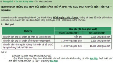  Từ hôm nay, Vietcombank thu phí chuyển khoản iB@nking